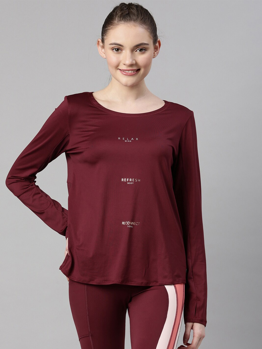 Enamor Women Maroon Typography Antimicrobial T-shirt