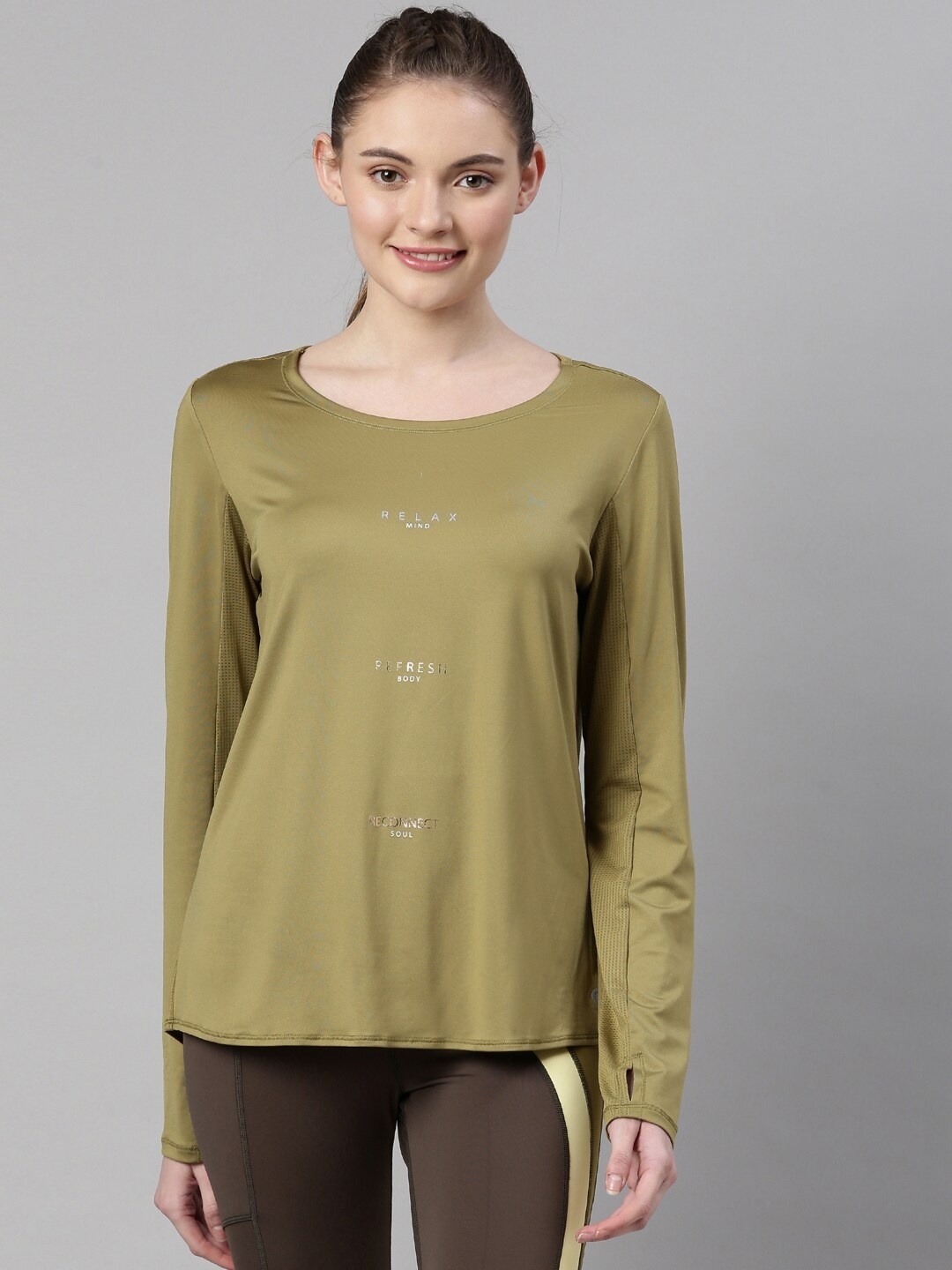 

Enamor Women Olive Green Typography Extended Sleeves Antimicrobial T-shirt