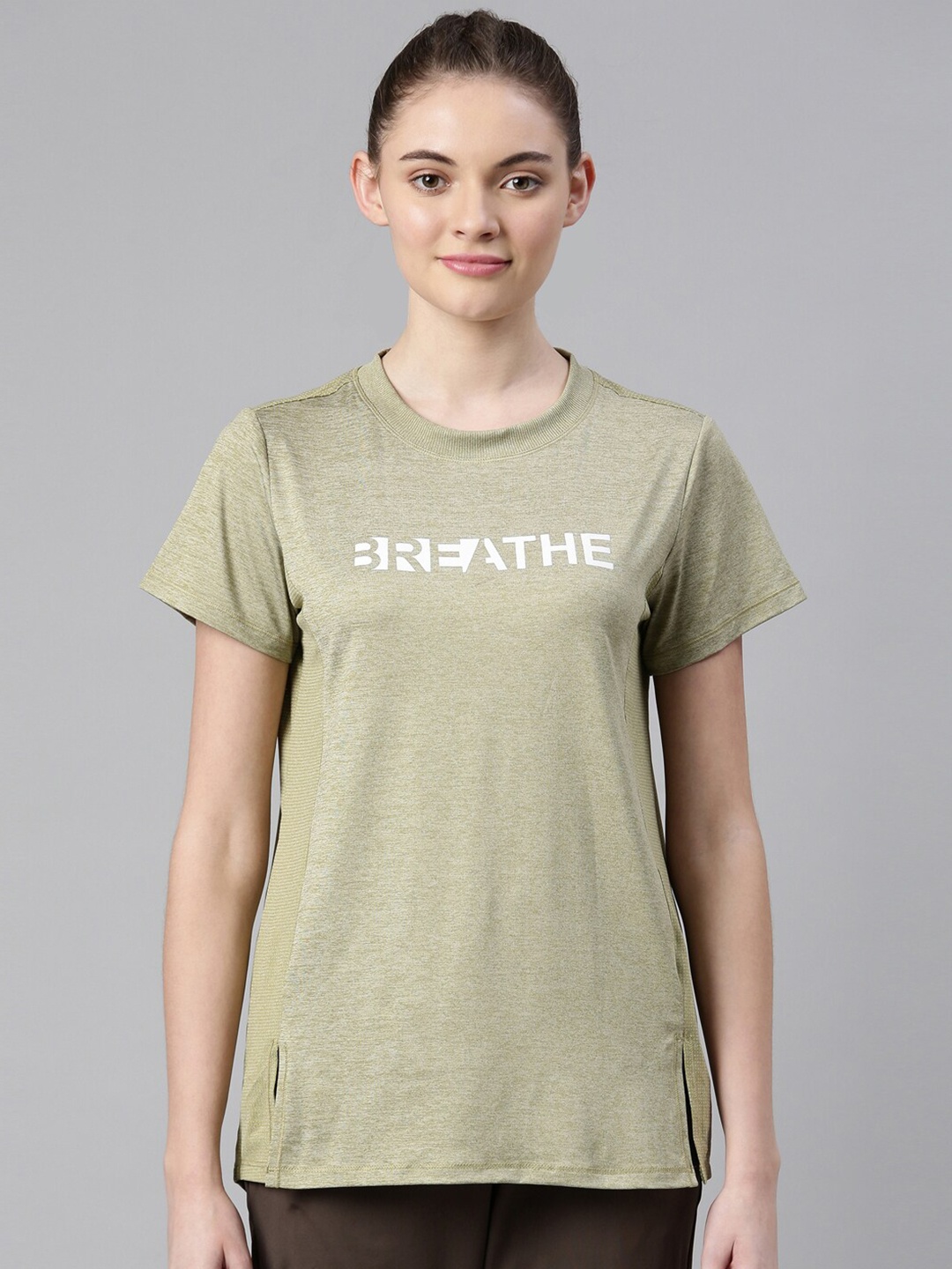 Enamor Women Olive Green Typography Printed Antimicrobial T-shirt