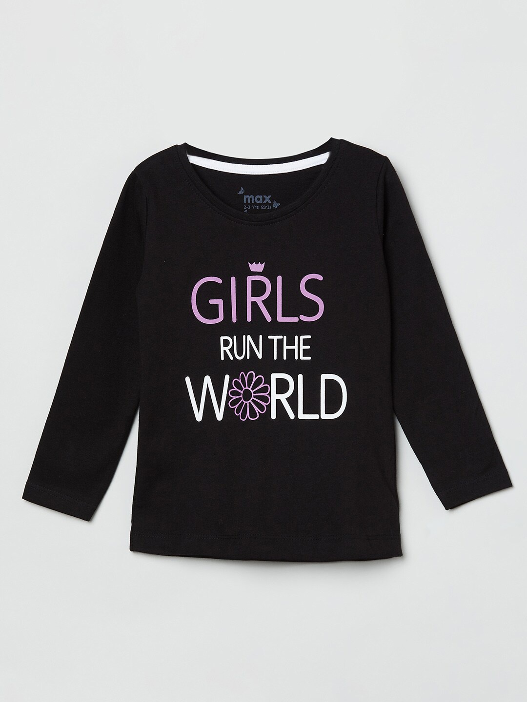 

max Girls Black Typography Printed Cotton T-shirt