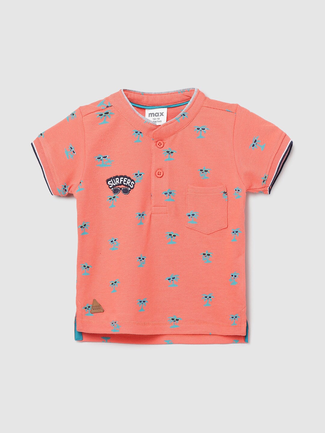 

max Boys Orange Printed Mandarin Collar Cotton T-shirt