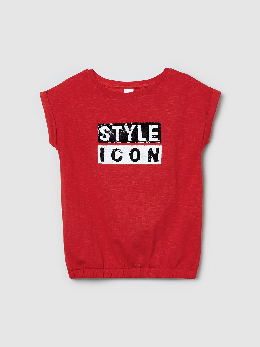 

max Girls Red Typography Printed Extended Sleeves Applique T-shirt