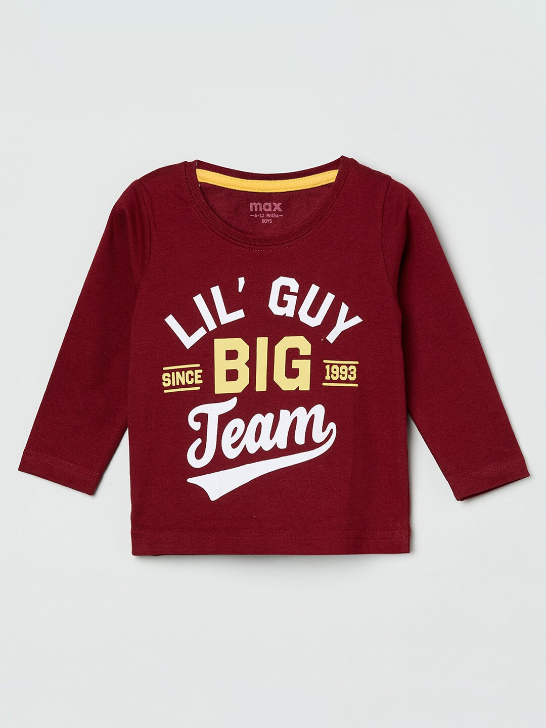 max Boys Burgundy Typography Printed Applique T-shirt