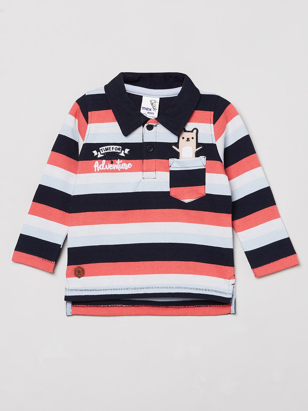 

max Boys Multicoloured Striped Henley Neck Applique T-shirt, Multi