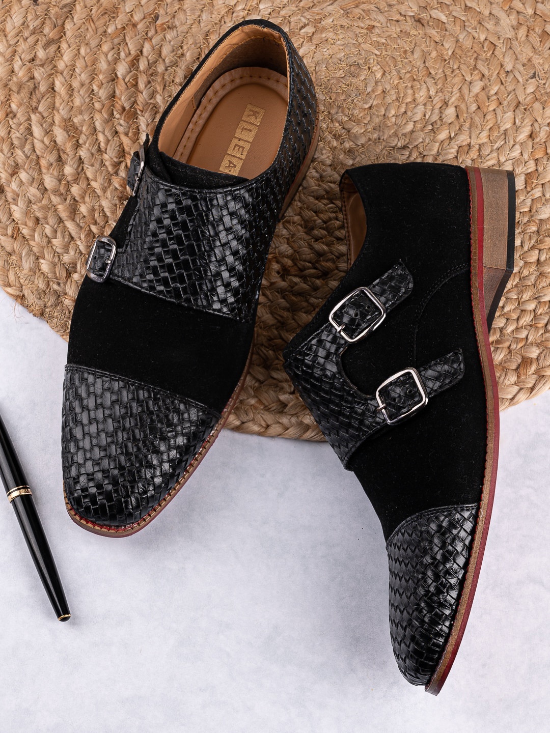 

KLEAT Men Black Textured Formal Monk Shoes