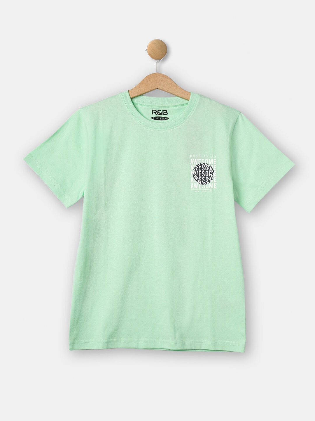 R&B Boys Green Typography Printed Monochrome T-shirt