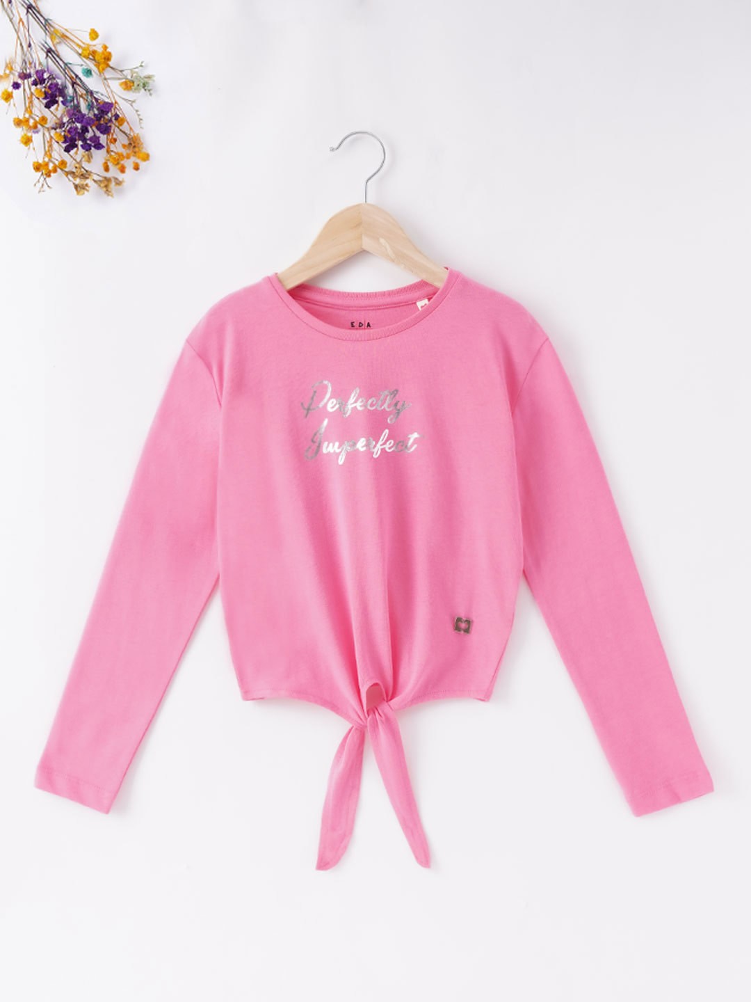 Ed-a-Mamma Girls Pink Typography Tie Up Printed T-shirt