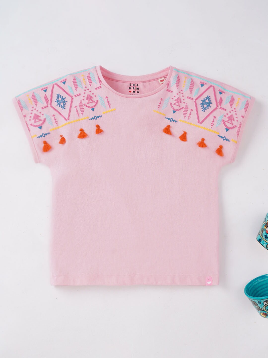 

Ed-a-Mamma Girls Pink Typography Printed Applique T-shirt