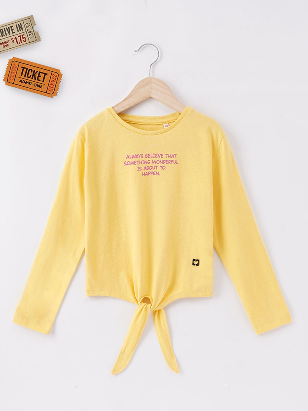 

Ed-a-Mamma Girls Yellow Typography V-Neck Extended Sleeves T-shirt