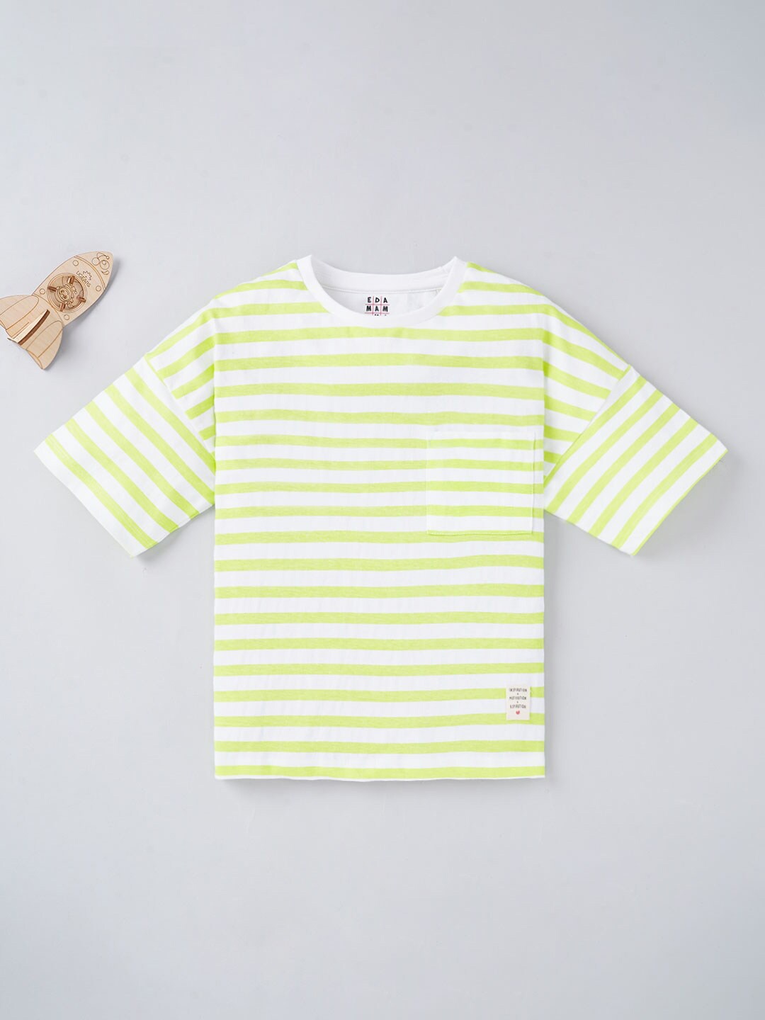 

Ed-a-Mamma Boys Green Striped V-Neck Drop-Shoulder Sleeves T-shirt