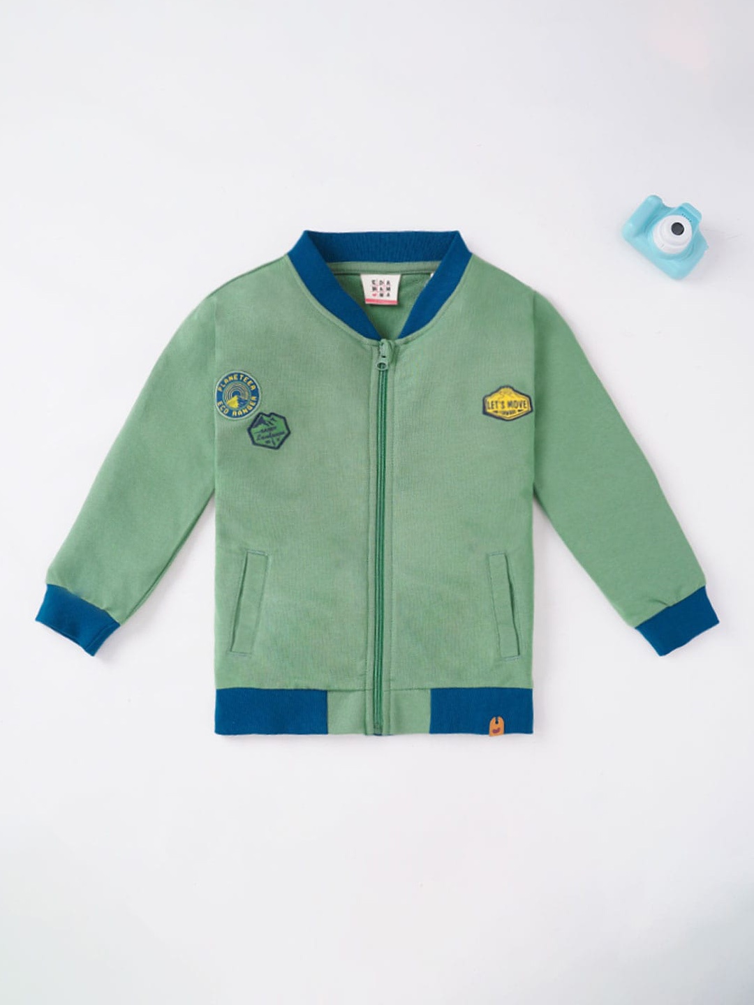 

Ed-a-Mamma Boys Olive Green Blue Lightweight Open Front Jacket with Patchwork