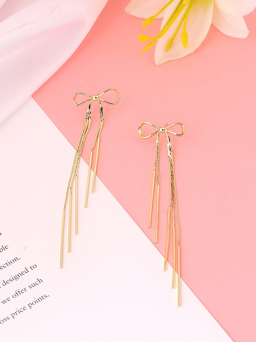 

Yellow Chimes Gold-Toned Contemporary Bow Knot Danglers Earrings