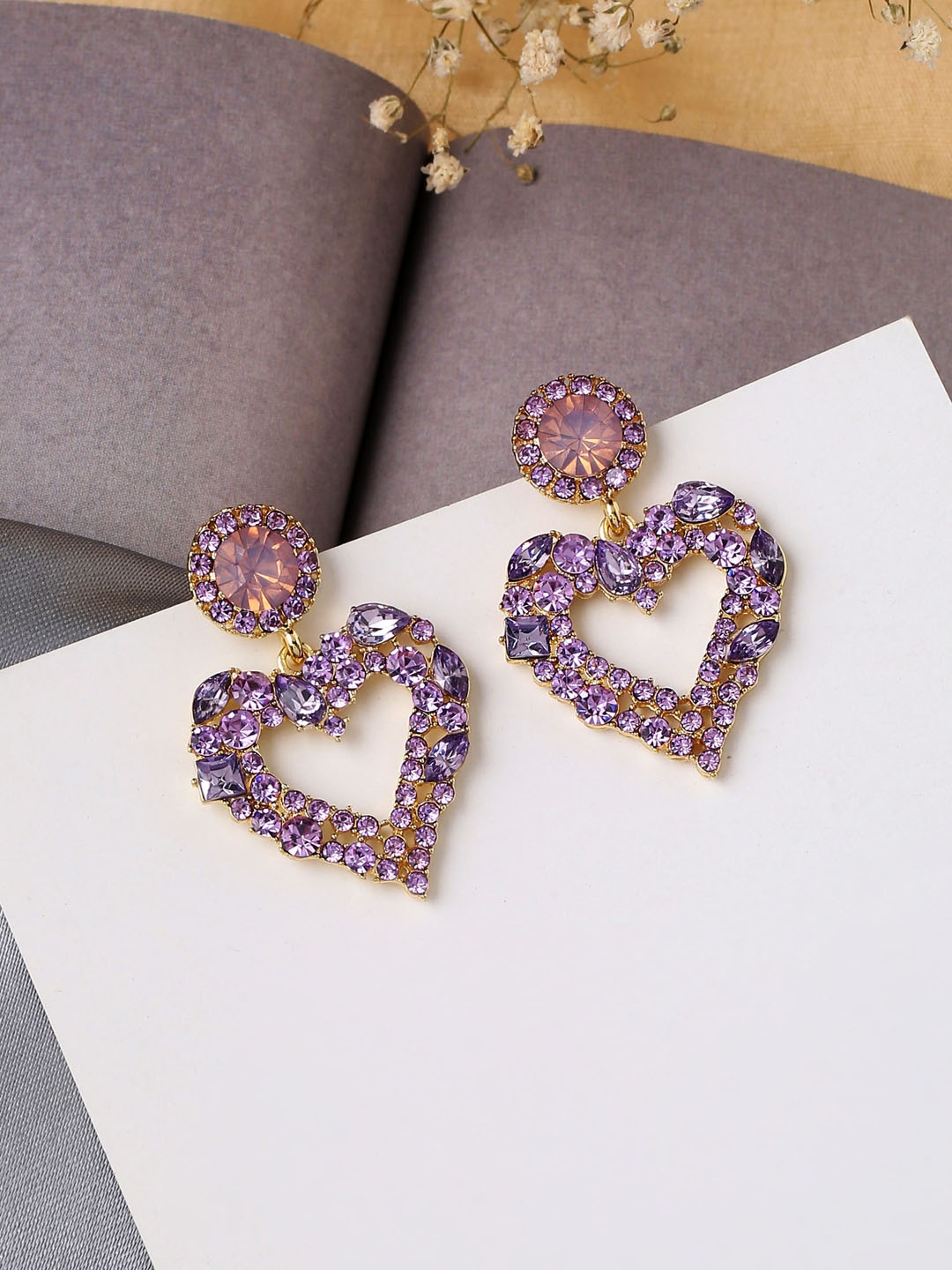 

Yellow Chimes Sparkling Purple Color Crystal Studded Heart Drop Earring