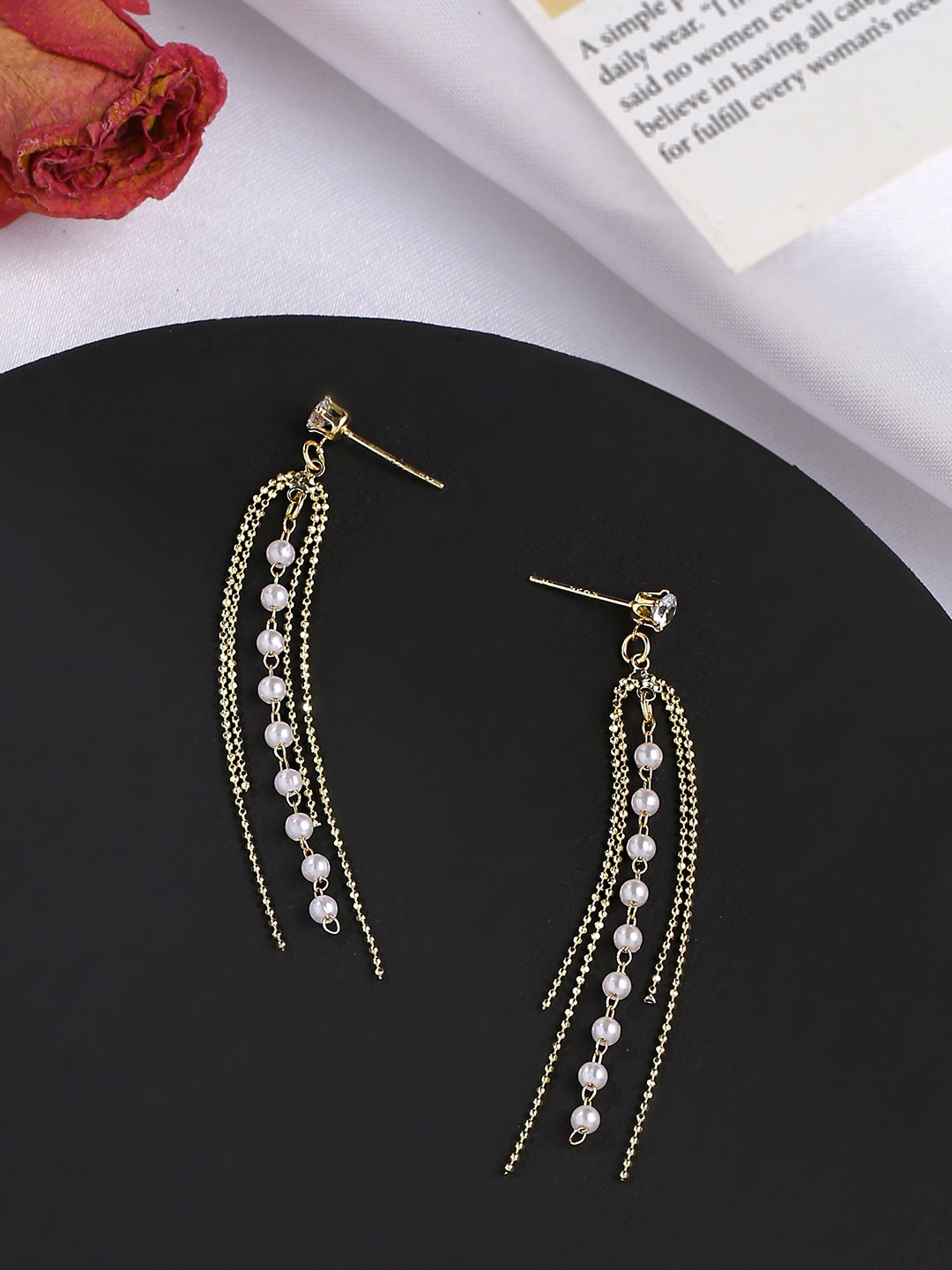 

Yellow Chimes Gold Tone Chain Pearl Beaded Linear Drop Dangle Earrings