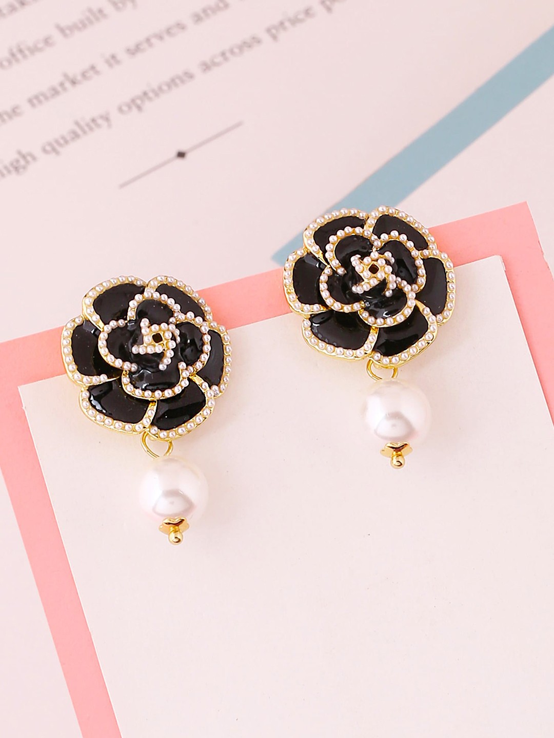 

Yellow Chimes Gold Plated Floral Designed Drop Earrings, Black