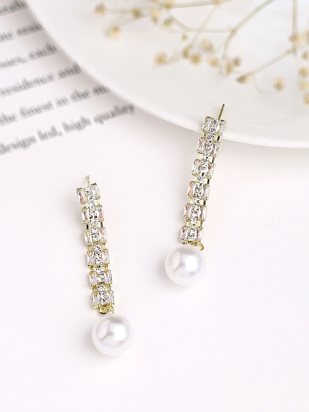 

Yellow Chimes Gold Toned Charming Crystal Studded Round Pearl Attached Drop Earrings