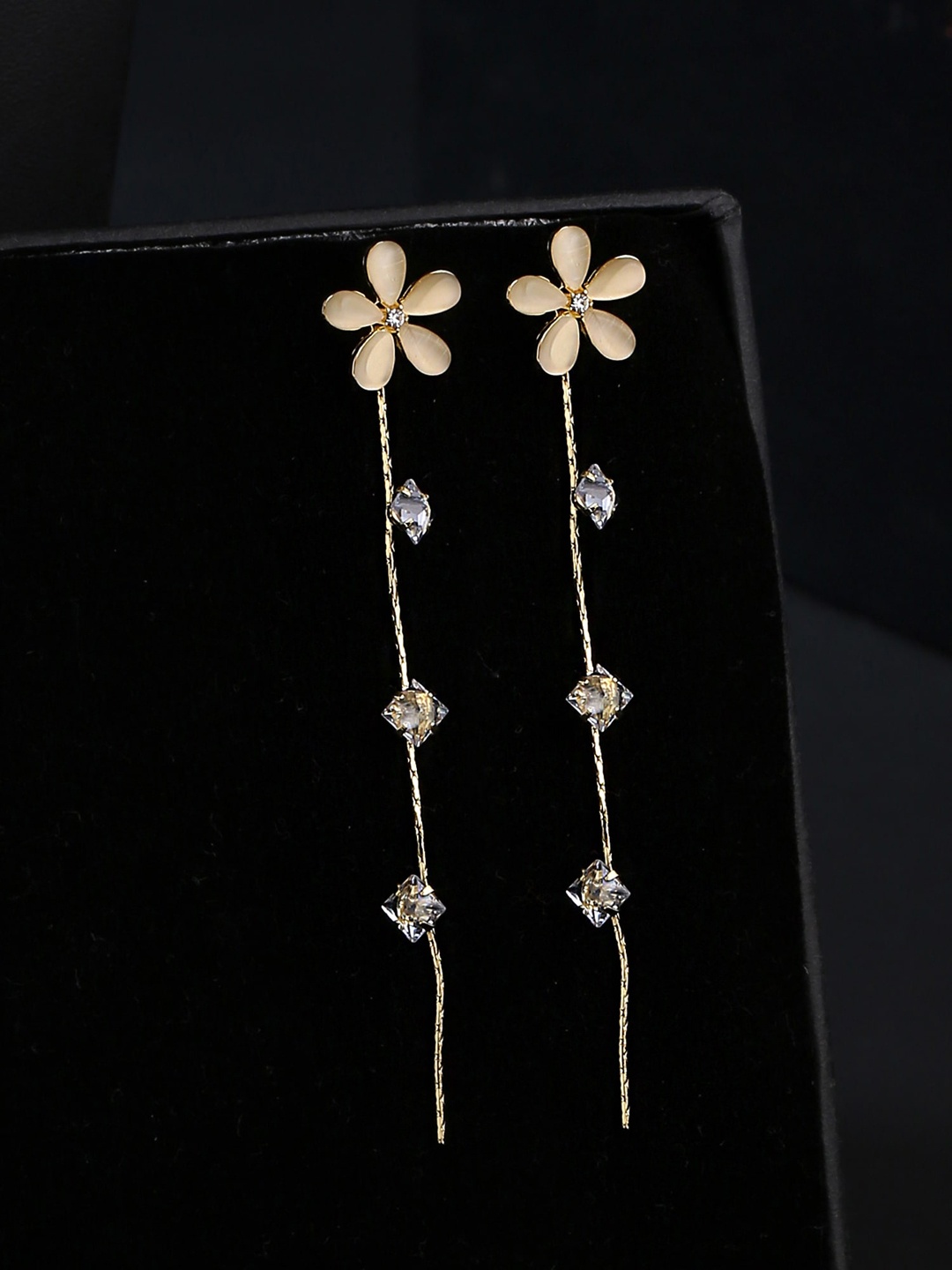 

Yellow Chimes Gold Plated Crystal Studded Flower Stud With Linear Chain Dangler Earrings