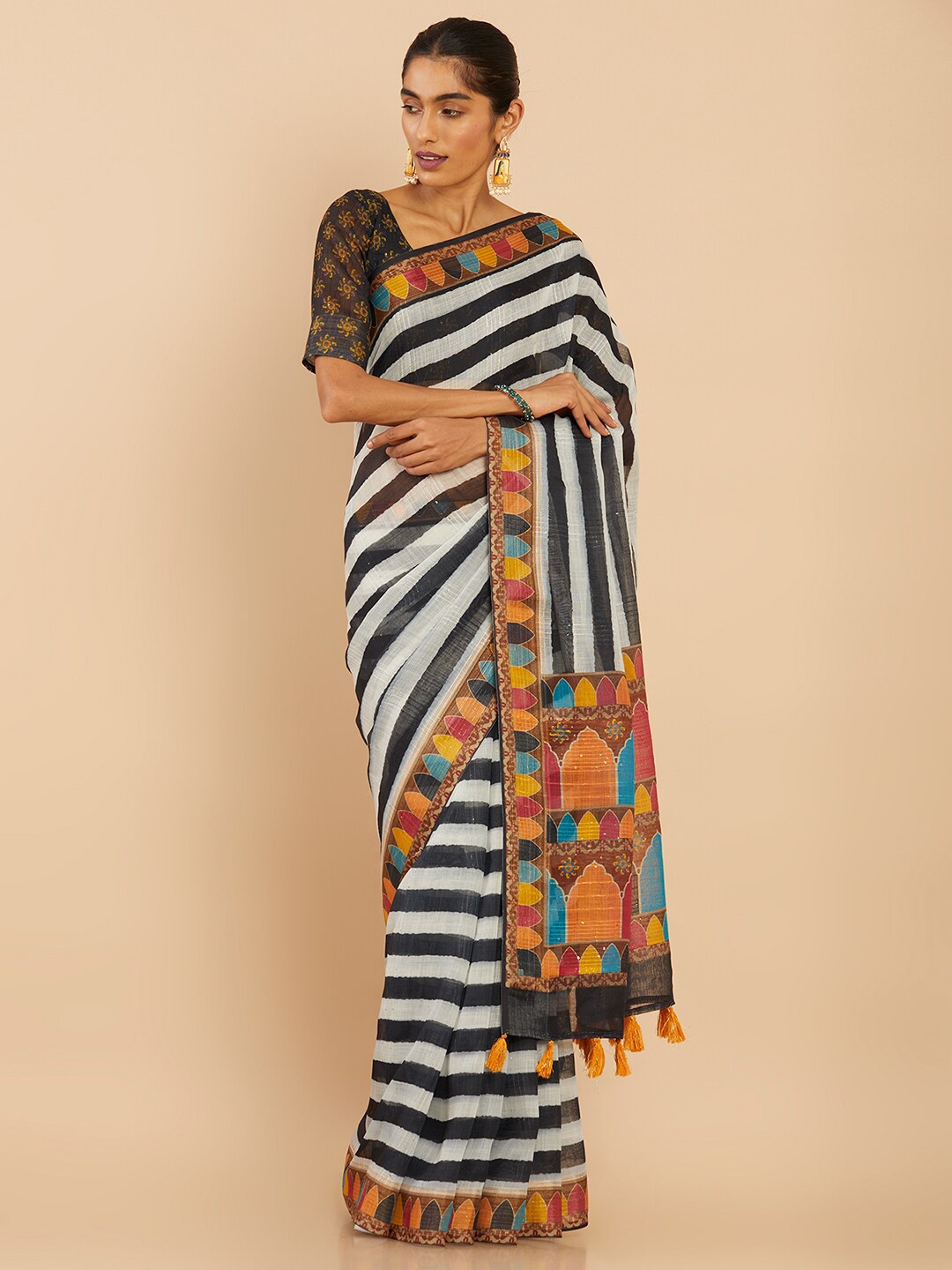 

Soch Black & White Striped Pure Linen Saree