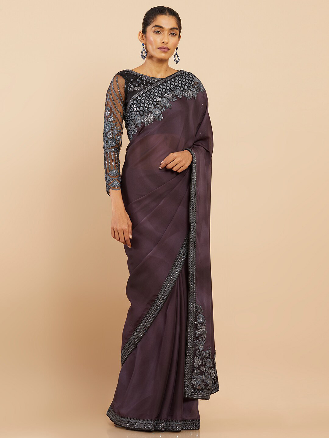 

Soch Charcoal & Black Sequinned Pure Georgette Saree