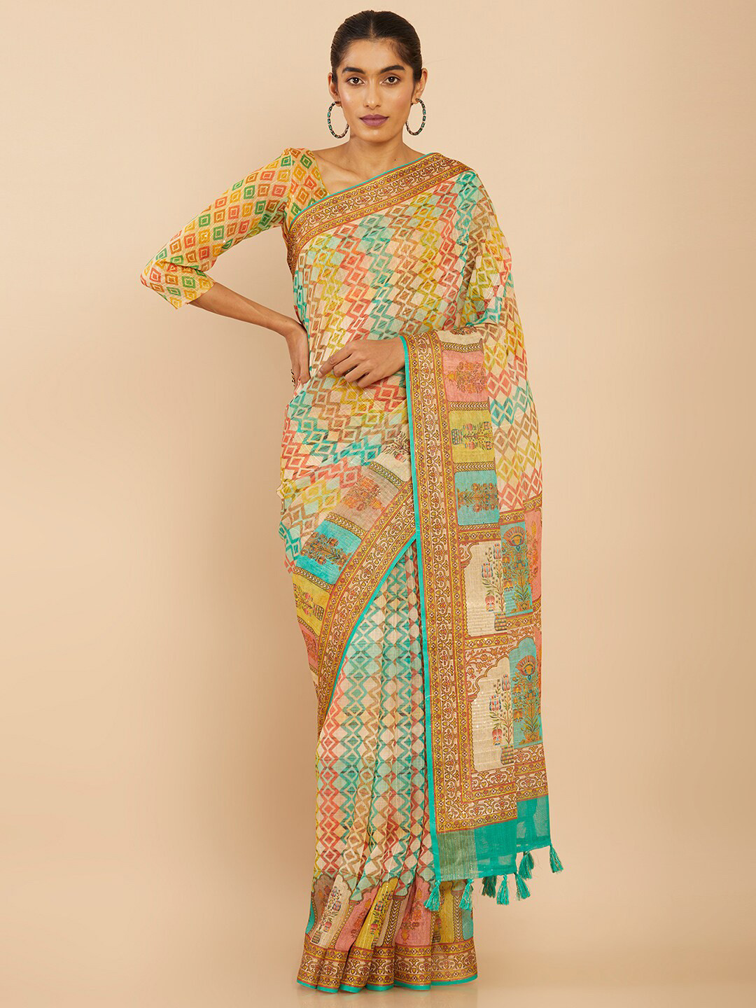 

Soch Beige & Orange Pure Linen Saree