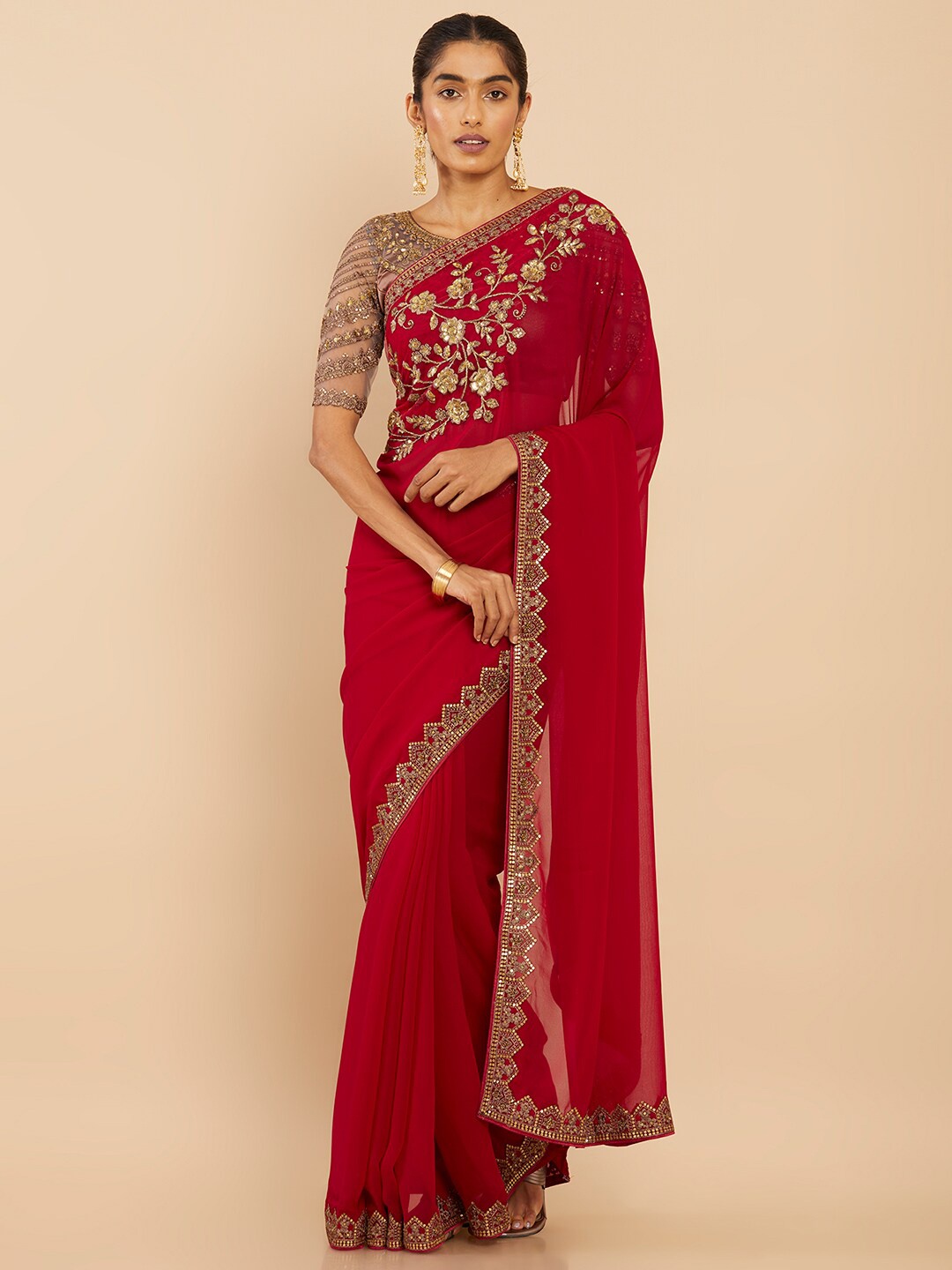 

Soch Fuchsia & Gold-Toned Floral Sequinned Pure Georgette Saree