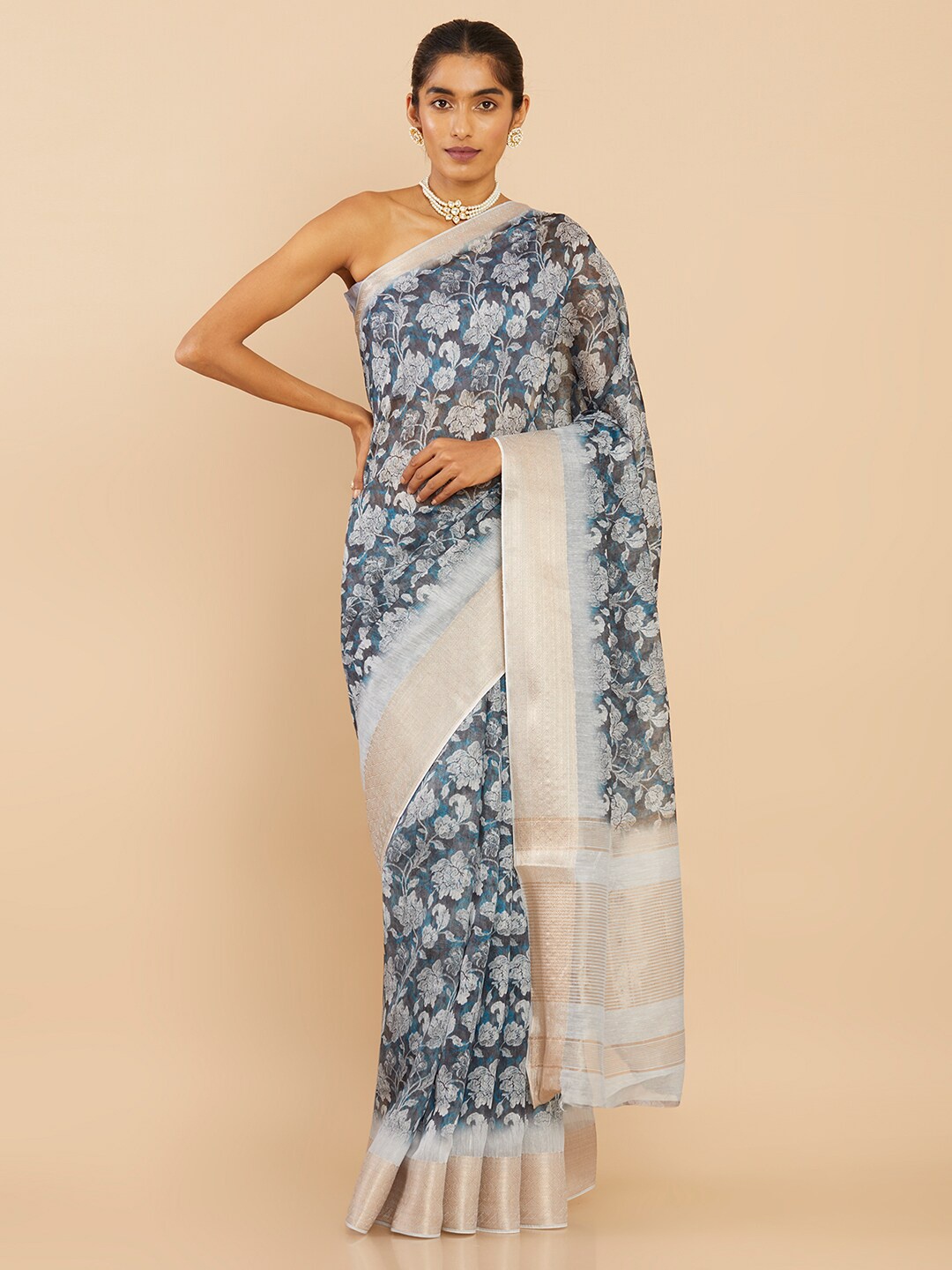 

Soch Grey & White Floral Zari Art Silk Saree