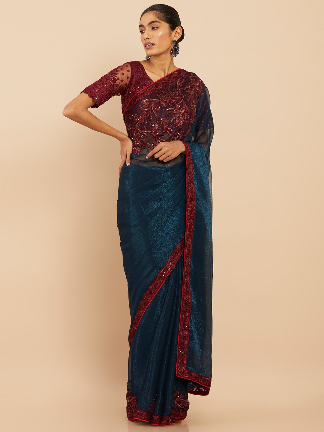 

Soch Teal & Red Sequinned Pure Georgette Saree
