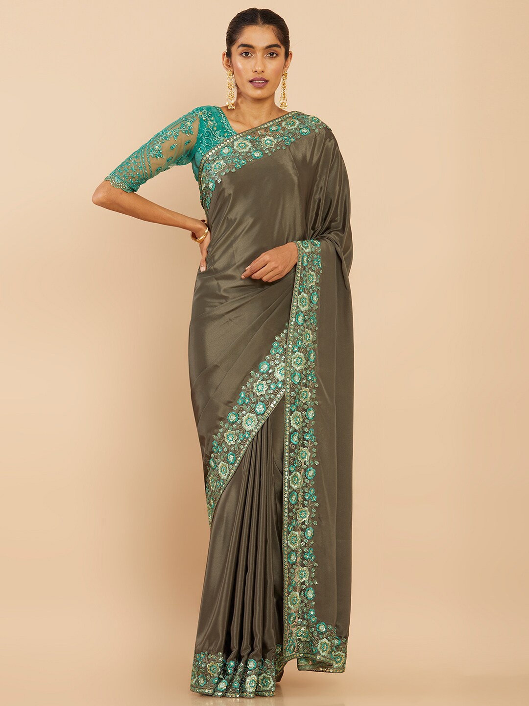 

Soch Olive Green & Gold-Toned Sequinned Pure Georgette Saree