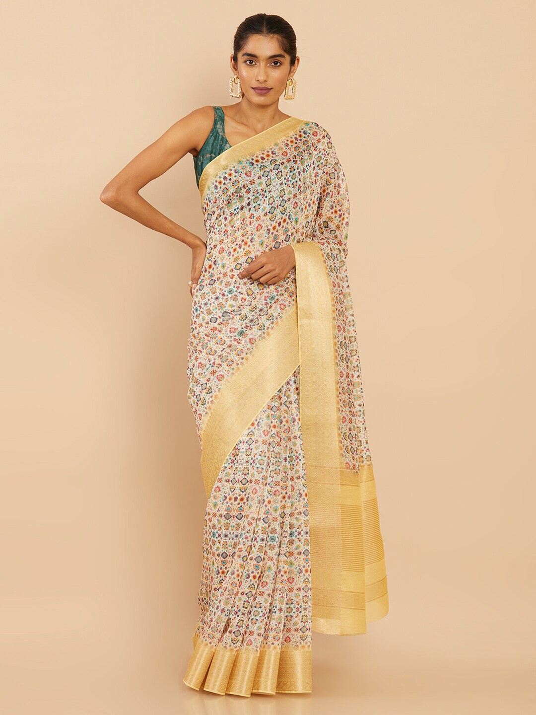 

Soch Cream-Coloured & Blue Art Silk Saree