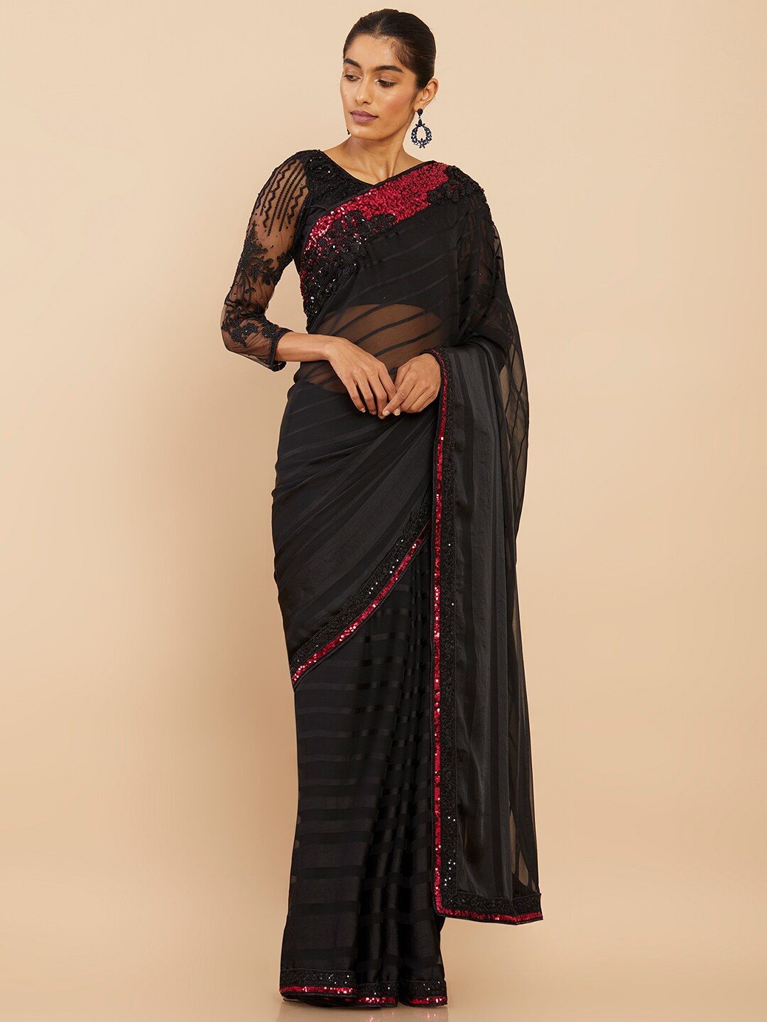

Soch Black & Red Embellished Sequinned Pure Georgette Saree
