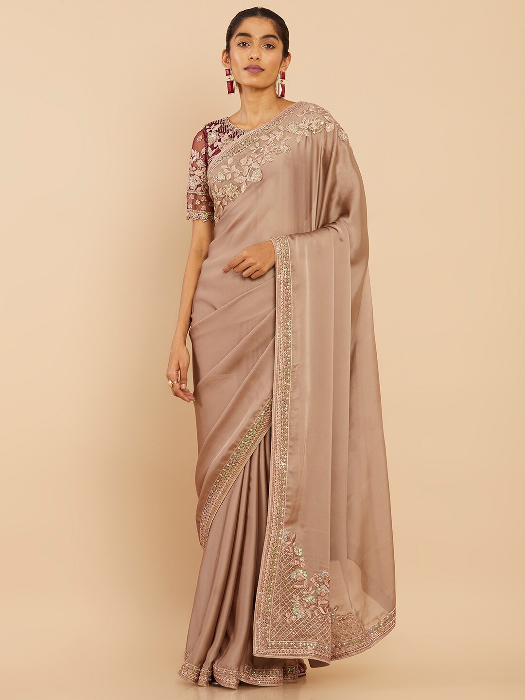 

Soch Beige & Gold-Toned Sequinned Pure Georgette Saree