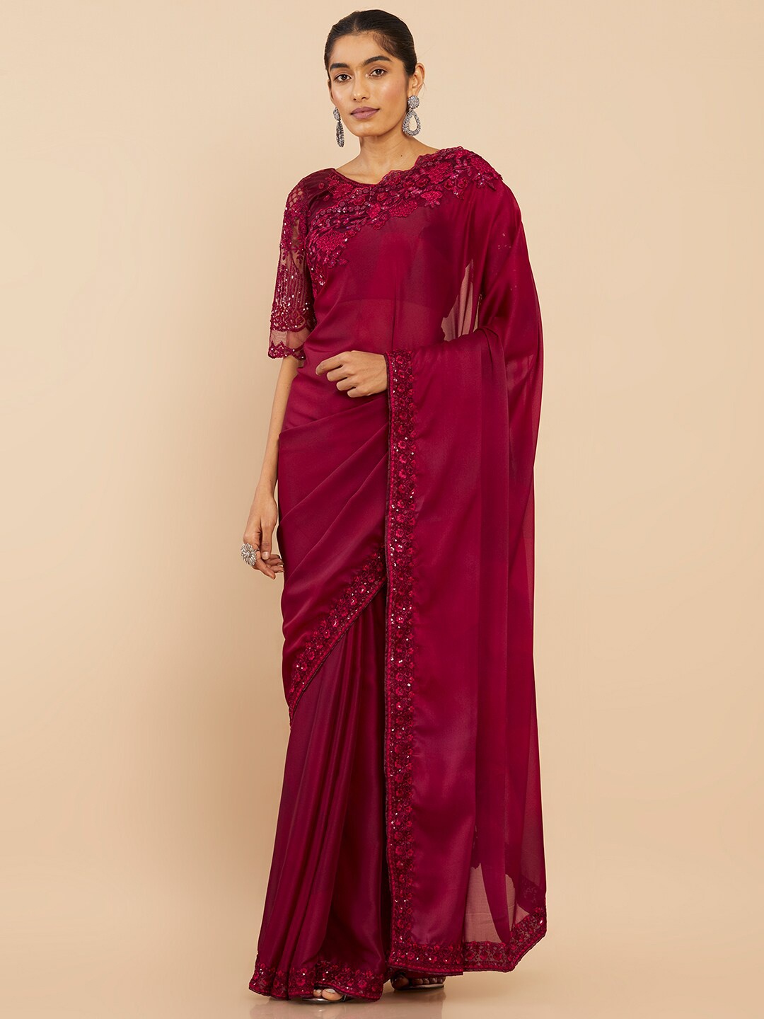 

Soch Maroon Sequinned Pure Georgette Saree