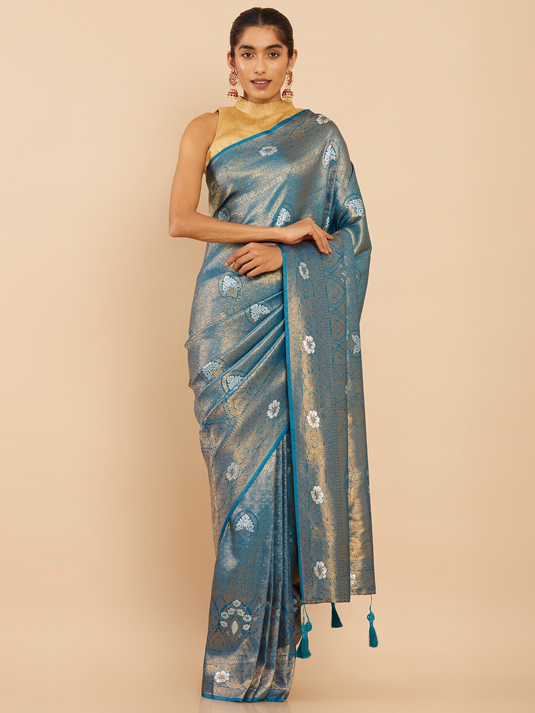 

Soch Blue & Gold-Toned Woven Design Zari Art Silk Saree