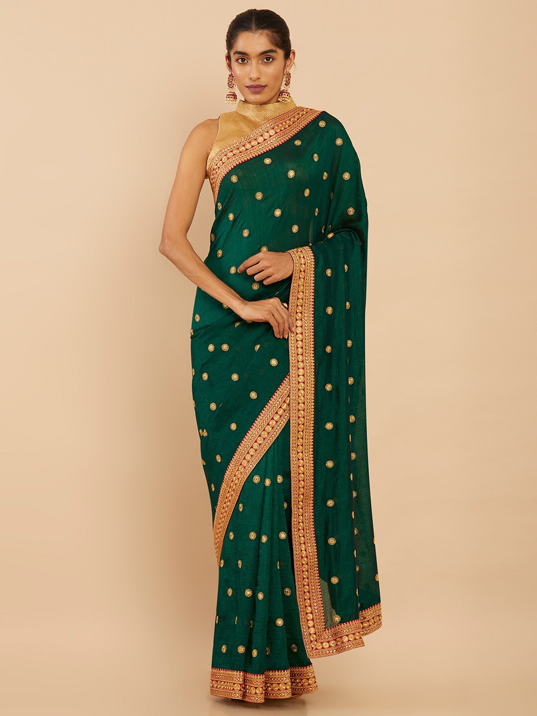 

Soch Green & Gold-Toned Floral Embroidered Art Silk Saree