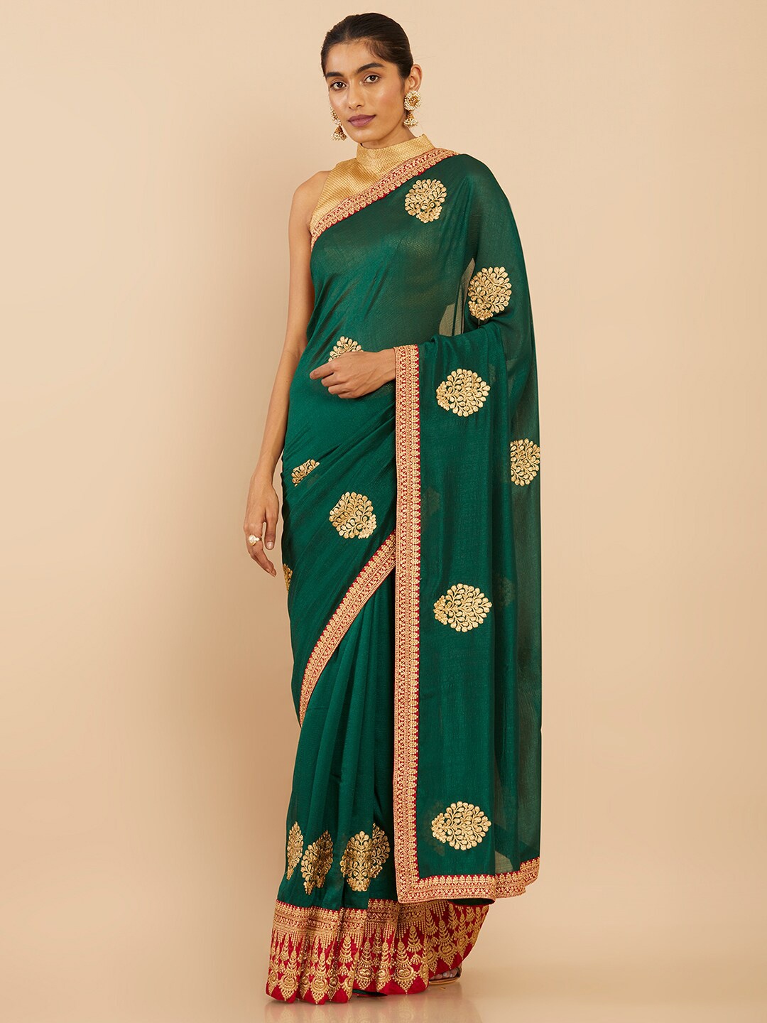 

Soch Green & Red Floral Embroidered Art Silk Saree