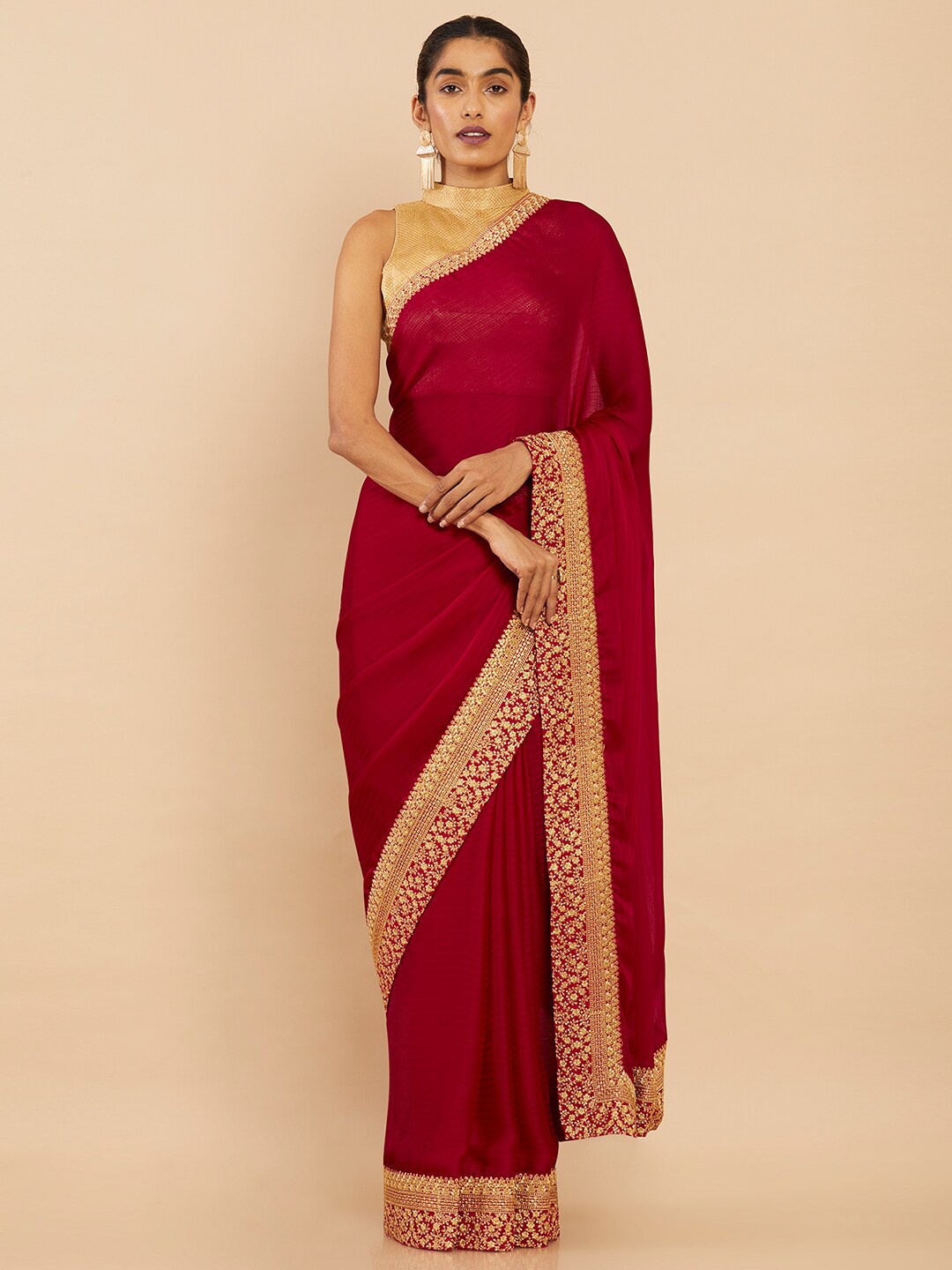 

Soch Fuchsia & Gold-Toned Pure Chiffon Saree