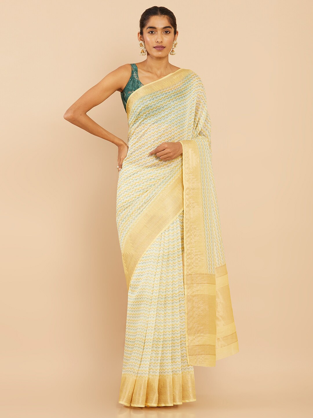 

Soch Yellow & Gold-Toned Leheriya Zari Art Silk Saree