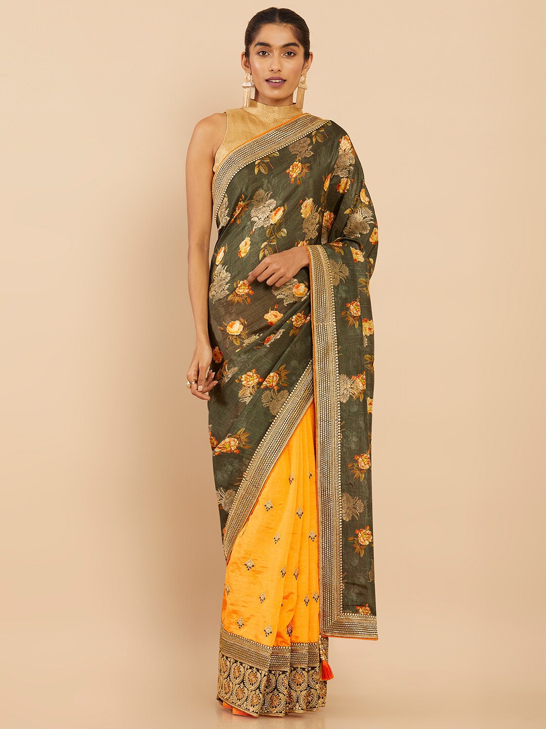 

Soch Olive Green & Yellow Floral Art Silk Saree