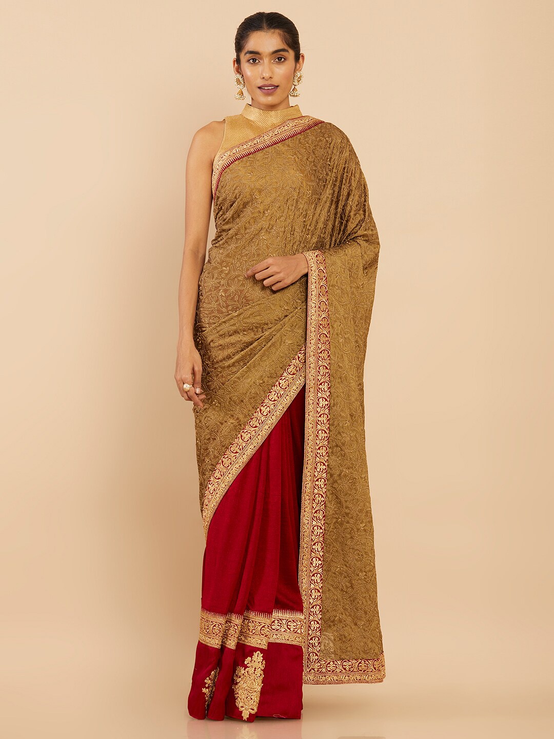 

Soch Maroon & Beige Woven Design Art Silk Saree