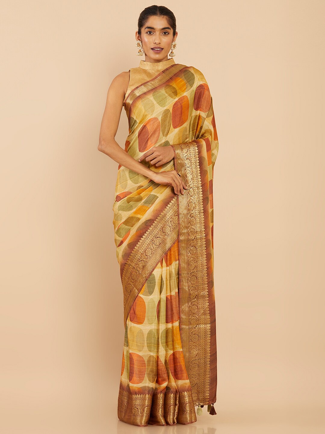 

Soch Gold-Toned & Orange Art Silk Saree