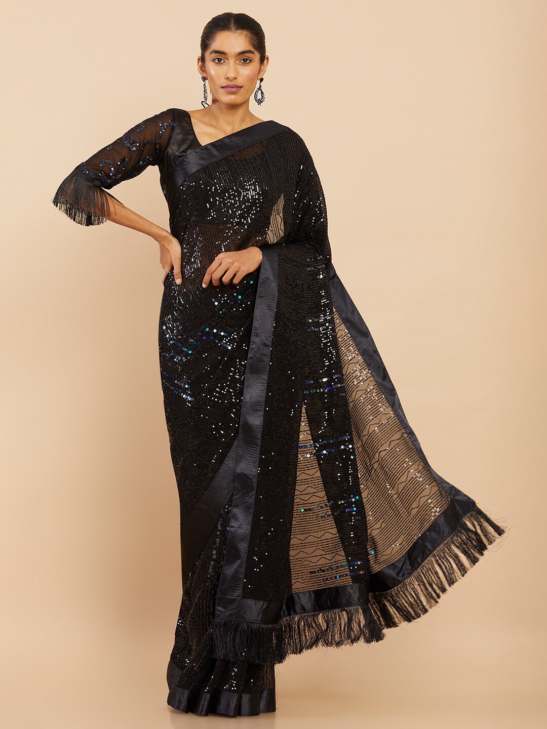 

Soch Black & Silver-Toned Embellished Sequinned Pure Georgette Saree