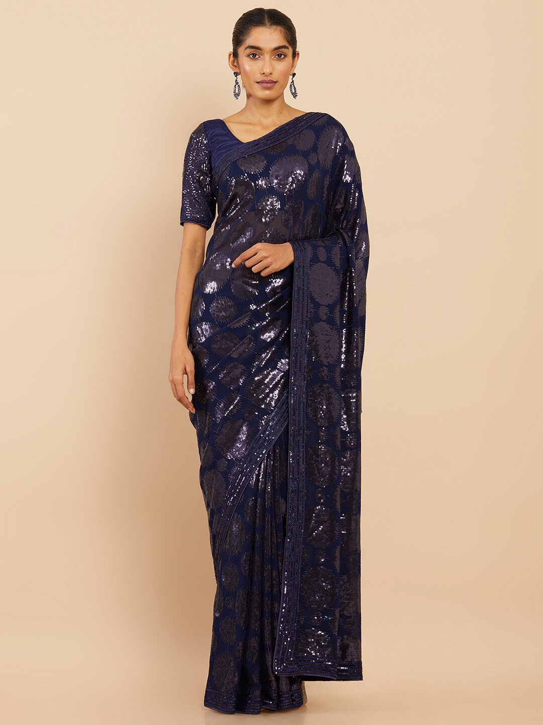 

Soch Navy Blue Embellished Sequinned Pure Georgette Saree