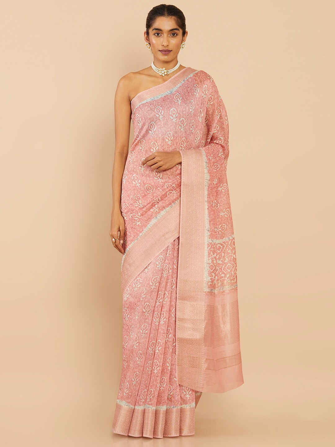 

Soch Peach-Coloured & Silver-Toned Batik Art Silk Saree