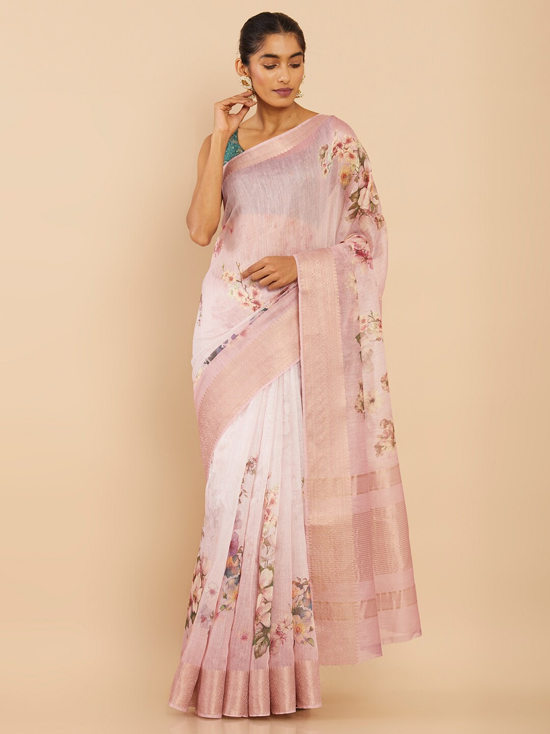 

Soch Pink & Brown Floral Zari Art Silk Saree