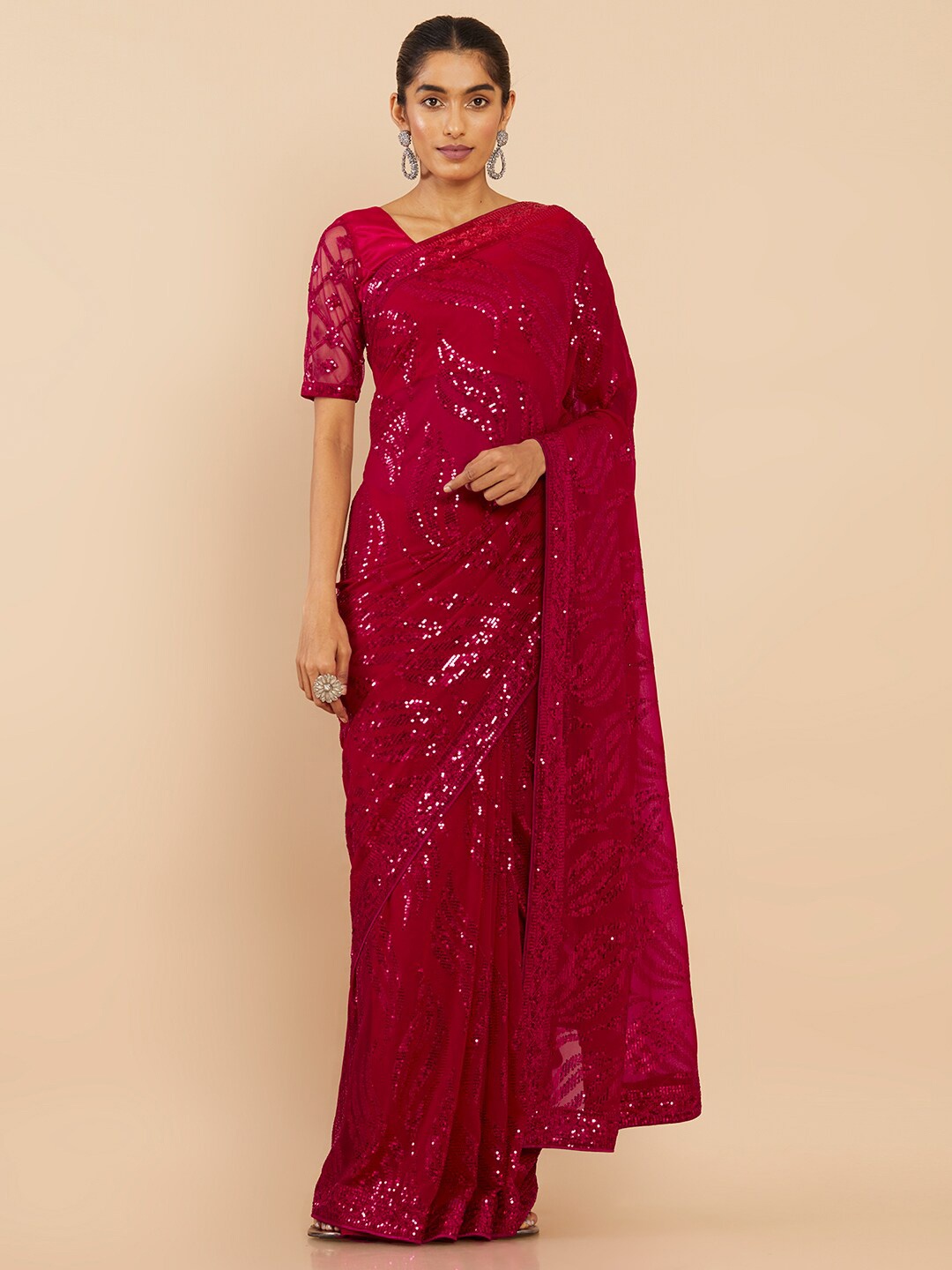 

Soch Fuchsia Embellished Sequinned Pure Georgette Saree