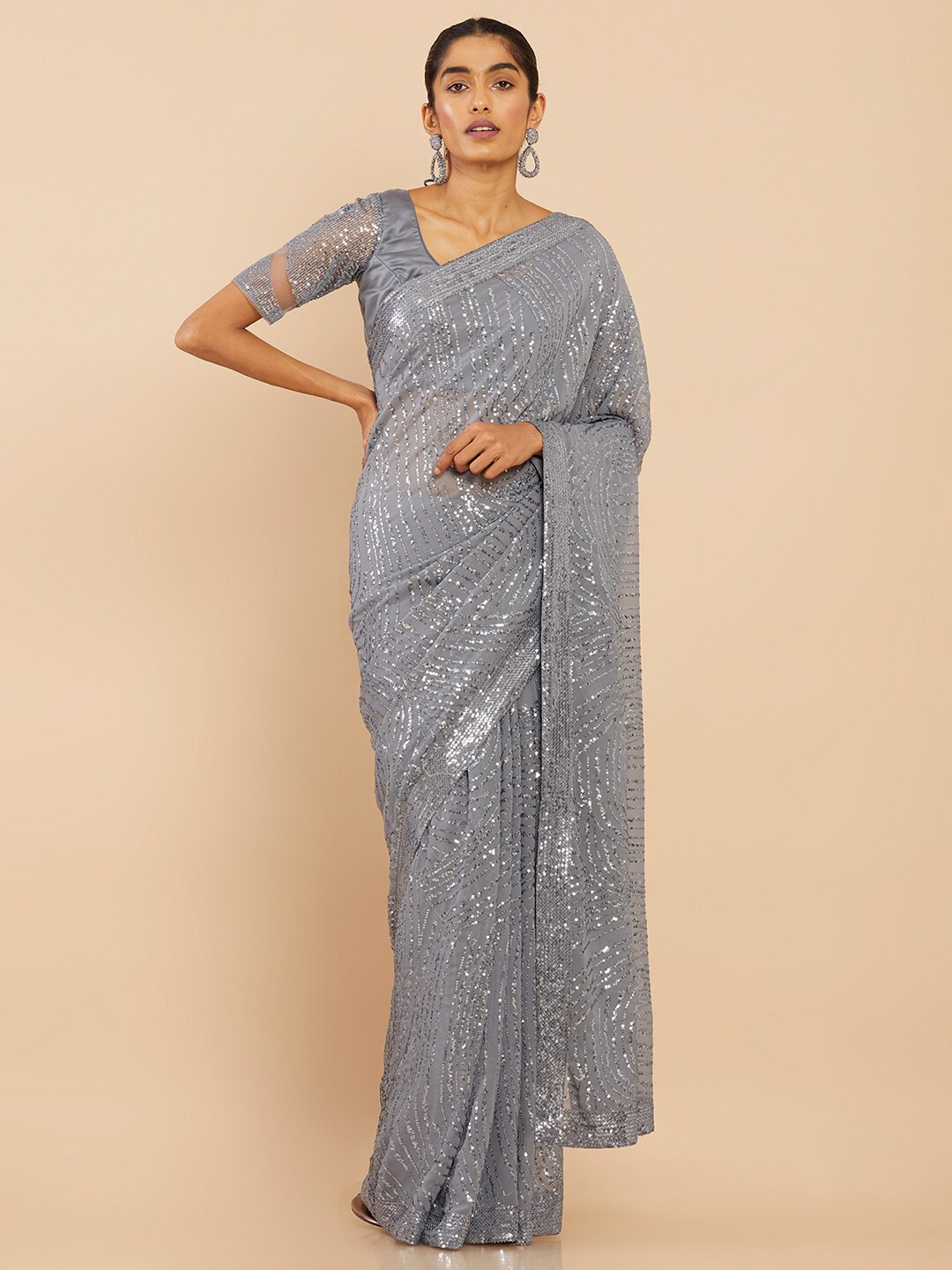 

Soch Grey Embellished Sequinned Pure Georgette Saree