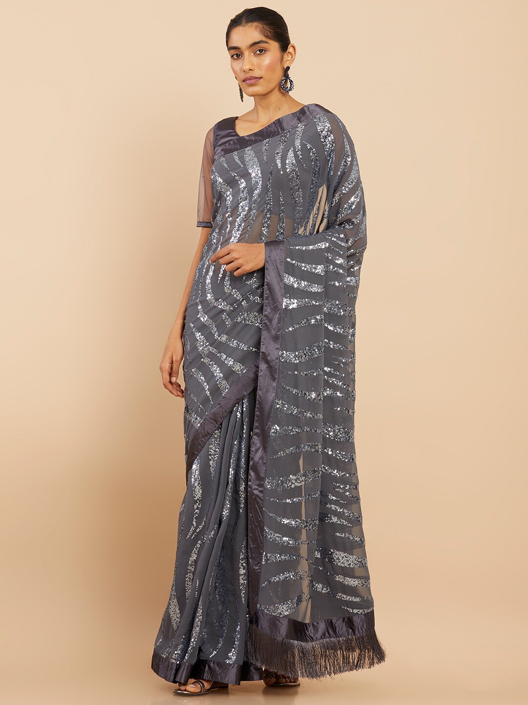 

Soch Grey & Silver-Toned Embellished Sequinned Pure Georgette Saree