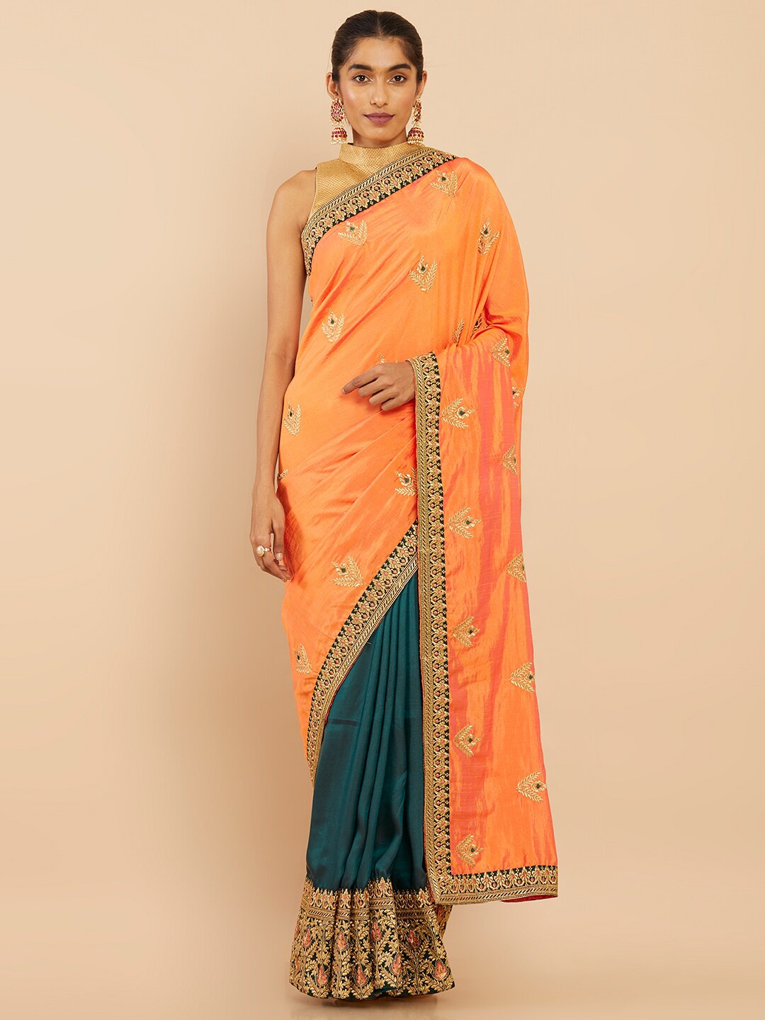 

Soch Orange & Green Floral Embroidered Art Silk Saree