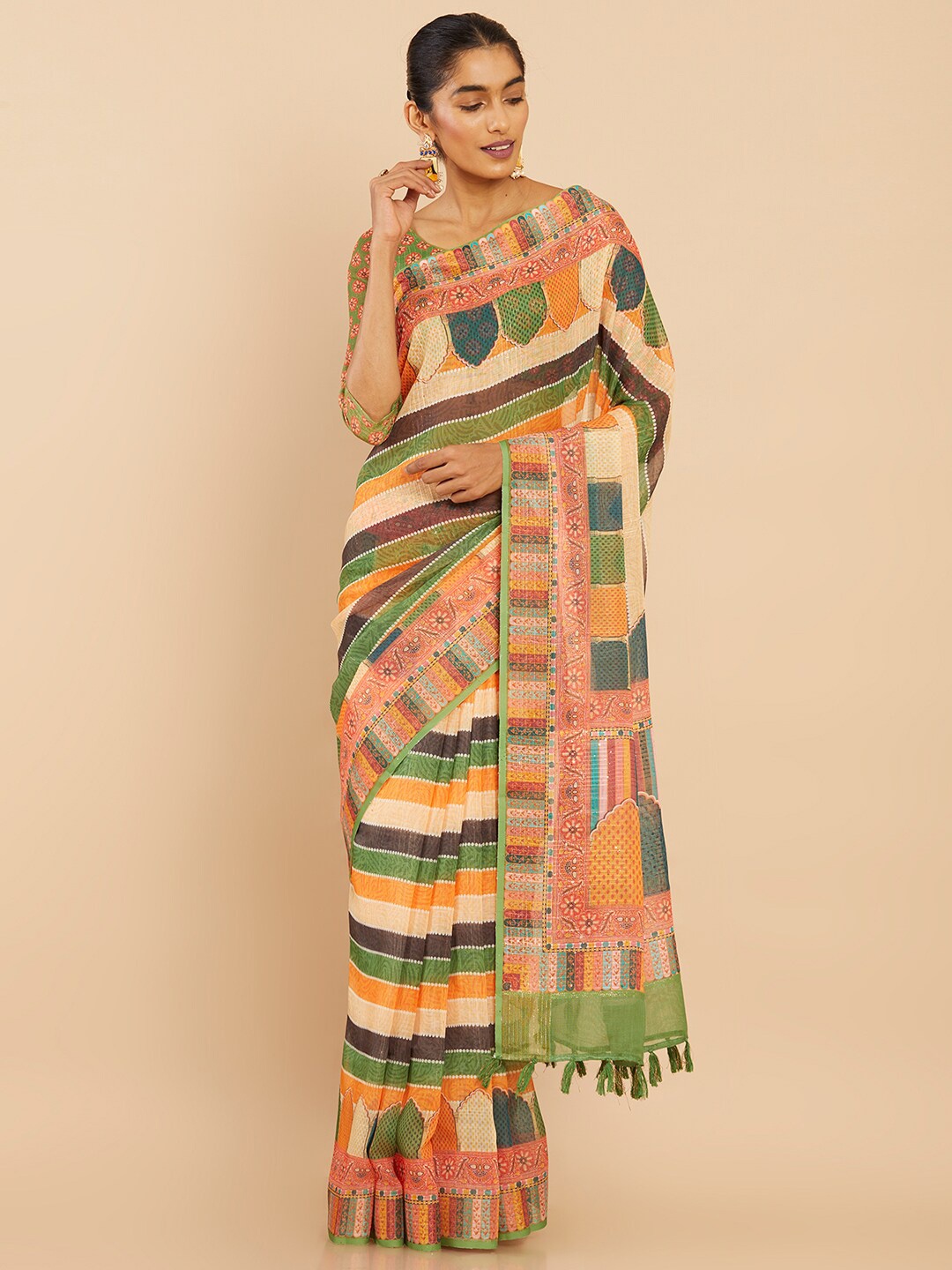 

Soch Green & Orange Striped Pure Linen Saree