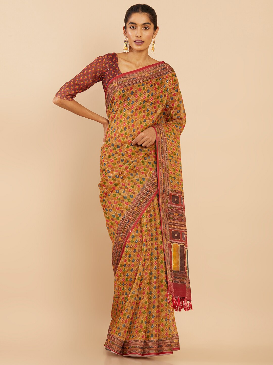 

Soch Mustard & Red Pure Linen Saree
